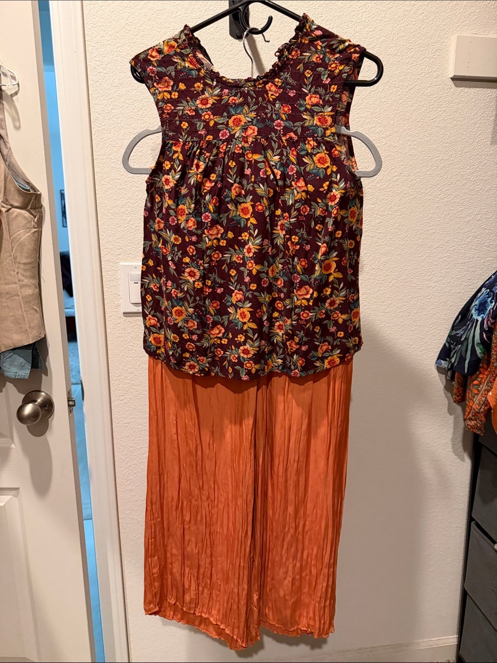 Floral Sleeveless Top and Orange Wide-Leg Jumpsuit Set